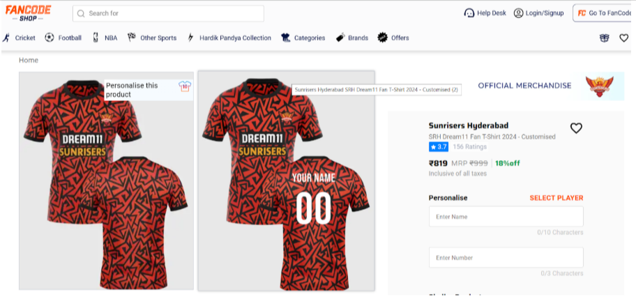 FanCode Shop: Sunrisers Hyderabad Dream11 custom jersey FanCode Shop: Sunrisers Hyderabad Dream11 custom jersey